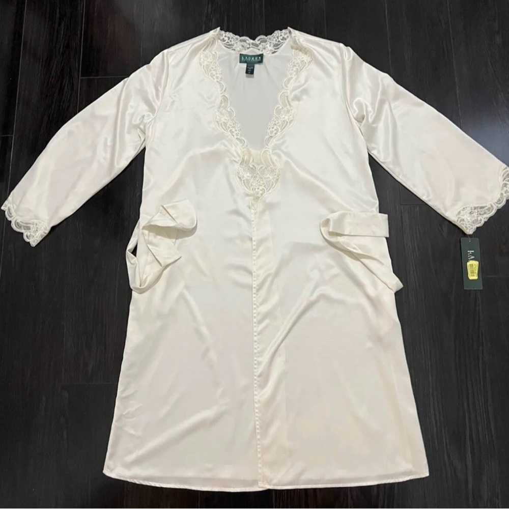 Lauren Ralph Lauren Ivory Satin Wrap Robe With Lace Size M - Picture 4 of 6